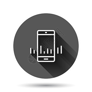 平面样式的电话图图标 具有长阴影效果的黑色圆形背景上的智能手机增长统计矢量图 小工具分析圆圈按钮业务概念数据技术金融屏幕信息图表图片
