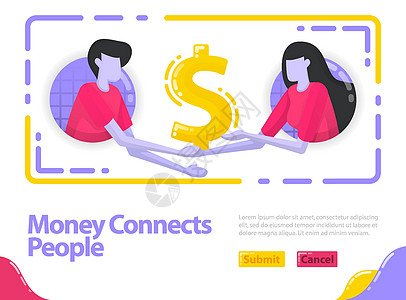 插图金钱将人们联系起来 人们握手并拿出钱 商业和金融方面的合作 美元和投资 登陆页面 网站 移动设备 应用程序 ui ux 的平图片