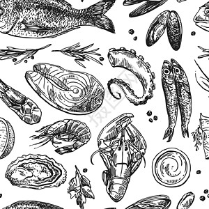 手工绘画的矢量图解海洋食物 古老的素描风格贝壳草图龙虾市场框架乌贼章鱼牡蛎螃蟹烹饪图片
