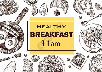 手工绘制的矢量插图 早餐是一个伟大的开端草图菜单盘子框架羊角美食面包咖啡卡片桌子图片