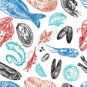 手工绘画的矢量图解海洋食物 古老的素描风格螃蟹收藏龙虾草图海报市场菜单章鱼美味动物图片