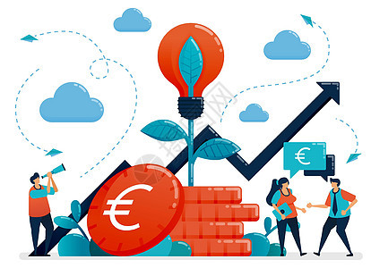 投资理念 银行利息和储蓄增长 欧元硬币工厂中的灯泡隐喻 银行投资的共同基金 矢量插图 平面设计 卡片 横幅 小册子 传单图片