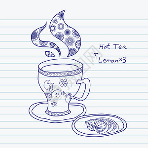 茶杯杯子咖啡店蓝色蒸汽柠檬草图笔记本绘画菜单茶碗图片