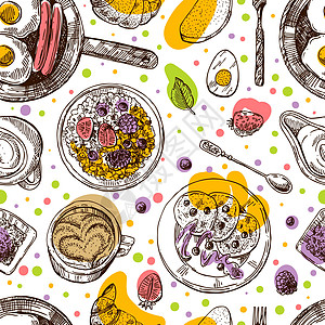 手工绘制的矢量插图 早餐是一个伟大的开端框架食物美食煎饼厨房面包羊角桌子咖啡午餐图片