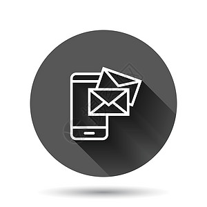 在平面样式的智能手机图标上的消息 带有长阴影效果的黑色圆形背景上带有电话矢量插图的邮件 信封圆形按钮的经营理念通讯网站文档地址电图片