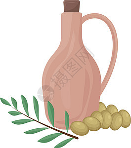 一个装橄榄油的粘土罐 旁边放着橄榄 还有一根长着绿叶的橄榄树枝 一罐油 孤立在白色背景上的矢量图解图片