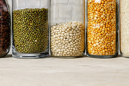 玻璃罐子里的原始谷物或豆子 维冈和素食食品食物农业来源饮食种子蔬菜扁豆收藏豆类产品图片
