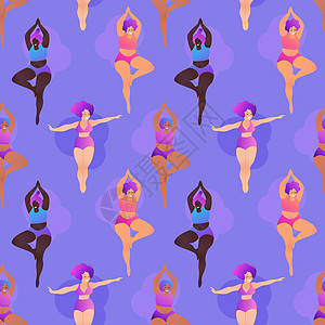 加上黑人卷毛女孩上瑜伽课 无缝模式 矢量说明 身体呈阳性 有吸引力的非洲裔美国妇女运动姿势灵活性训练班级多样性女士插图健身房运动图片