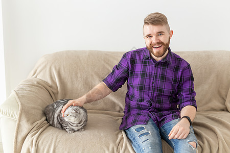 时髦的长胡子男嬉皮士在沙发上摆着他美丽的灰色苏格兰式折叠猫猫咪乐趣小猫潮人短发折叠婴儿宠物血统伴侣图片