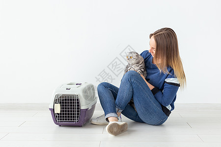 迷人的正派年轻女人手里握着 她美丽的灰色折叠苏格兰猫 坐在地上 在新公寓里 宠物概念折叠毛皮婴儿尾巴哺乳动物虎斑伴侣短发乐趣眼睛图片