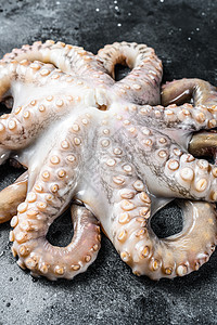 新鲜原章鱼 有机海产食品 黑色背景 顶部视图图片