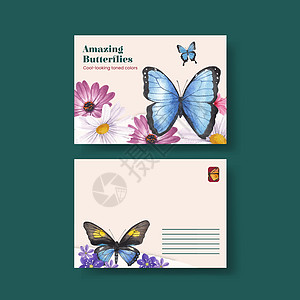 带有紫和蓝蝴蝶概念的花牌模板 水彩色风格邀请函树叶蓝色紫色叶子昆虫营销装饰品绘画卡片图片