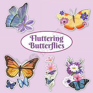 贴有紫和蓝蝴蝶概念 水色风格的粘贴板模板翅膀装饰动物推广营销标识树叶品牌叶子绘画图片