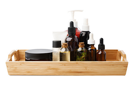 木架上一套整容的黑玻璃瓶化妆品头发包装洗澡琥珀色品牌治疗浴室产品护理图片