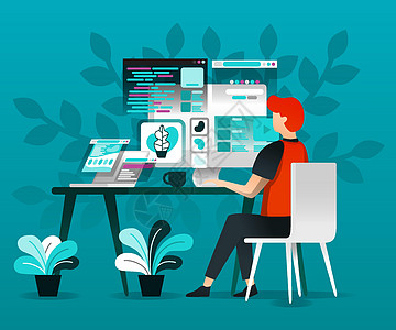 设计师使用互联网工作 用于登陆页面 Web 网站 主页 移动应用程序 ui/ux 海报 横幅 模板 传单的概念的矢量平面插图图片