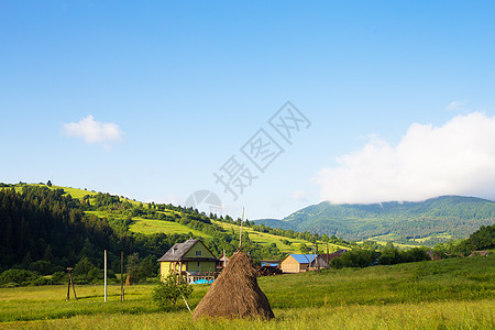 夏季喀尔巴阡山自然全景牧歌环境草地房子晴天场地旅游夫人牧场图片