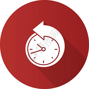 时钟.后退箭头围绕时钟平面设计长阴影字形 ico插画