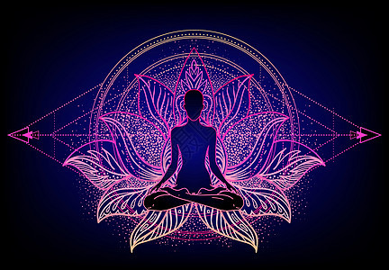 脉轮概念 内心的爱与和平 在莲花位置的佛剪影在五颜六色的华丽坛场 孤立的矢量图解 佛教深奥的图案瑜伽身体咒语药品治疗精神愈合冥想图片