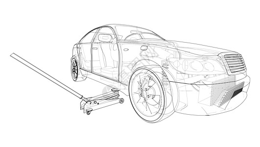 配有二楼车杰克概念车绘画维修草图工程车库机械杠杆千斤顶保险杠车轮图片
