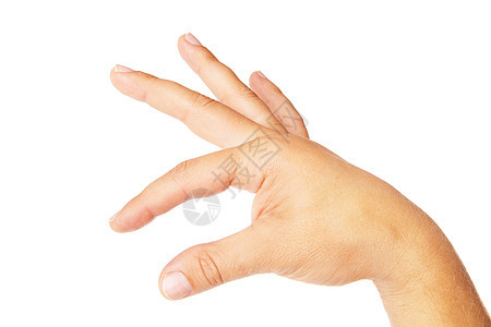 成年男子用手握着孤立的东西手臂手指白色男性成人采摘手势商业图片