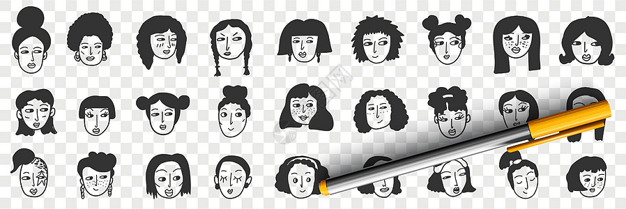 棕发色女人涂面条的发型爆炸手绘故事墨水头发草图女性孩子多样性潮人图片