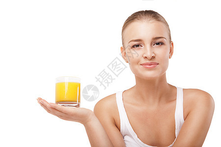 带着一杯橙汁的年轻女子被隔离早餐橙子快乐金发工作室营养素食主义者幸福喜悦头发图片
