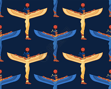 伊西斯 埃及神话中的生命与魔法女神 无缝模式 古埃及最伟大的女神之一 矢量图 有翅膀的女人博物馆考古学墙纸文明包装纸女孩传奇女士图片
