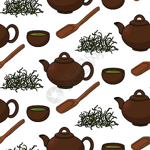 在图形样式 矢量图解中手画的茶叶无缝模式草本植物咖啡店植物手绘杯子收藏手工食物菜单草图图片