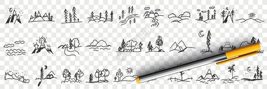 自然景观和风景图画火山顶峰山脉手绘草图绘画海洋沙漠粉笔太阳图片