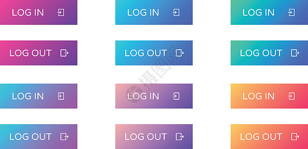 登录注销 web 按钮集 以平面样式填充 ui web 按钮 带有用于 web 和 ui 设计的图标的时尚渐变上的矩形矢量按钮图片