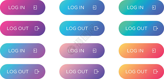 登录注销 web 按钮集 以平面样式填充 ui web 按钮 带有用于 web 和 ui 设计的图标的时尚渐变上的圆形矢量按钮图片
