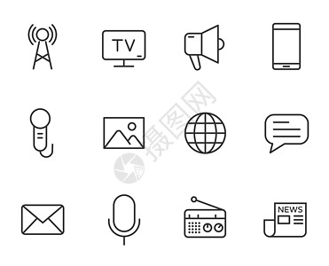 大众媒体大纲矢量图标设置隔离在白色背景 用于 web 和 ui 设计的媒体线图标 媒体经营理念图片