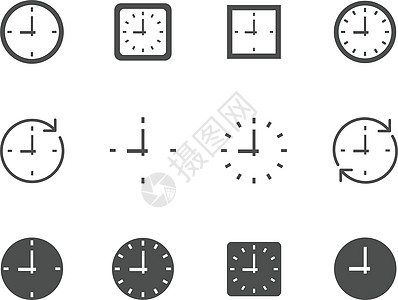 时间时钟拨号矢量图标集为 web 和 ui 设计 时间时钟方形和圆形表盘平面图标隔离在白色背景 时间就是金钱的经营理念 黑色和白图片