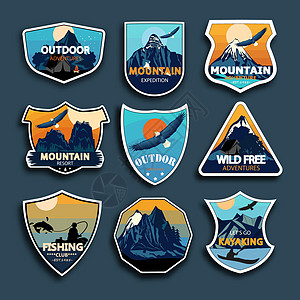 一套9个山地旅行徽章 露营户外冒险徽章 徽章和标志补丁图片