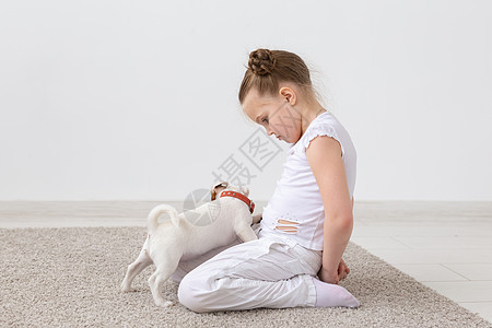 宠物 儿童和动物概念     坐在地板上喂养小狗的女童衬衫灰色猎犬幸福地面友谊乐趣白色说谎黑发图片