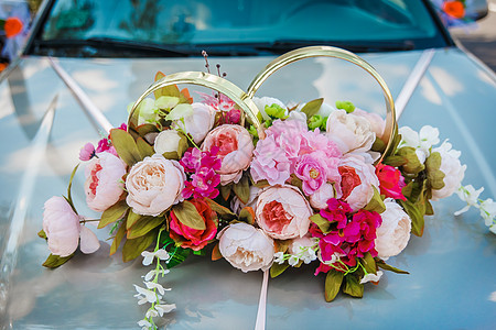 在车盖上装饰鲜花 玫瑰花和结婚戒指 贴在汽车的紧身衣服上植物玫瑰植物群风格花束庆典紫色礼物花瓣叶子图片