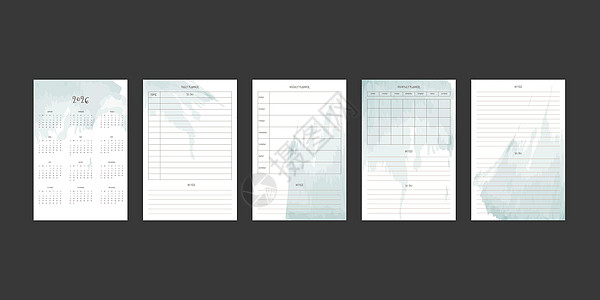 2026 年日历和每日每周每月计划者系列 带有抽象水彩斑点 星期从周日开始季刊手绘网格日程办公室印迹桌子刷子规划师年度图片