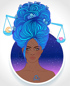 天秤座星座的插图作为一个美丽的非洲裔美国女孩 在白色上孤立的生肖矢量图 预知未来 占星 时尚黑人女性女士平衡日历十二生肖星星蓝色图片