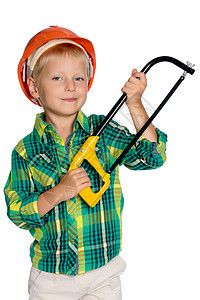 建筑工头盔上的那个小男孩帽子锤子安全帽建筑房子商业乐器工人修理工工具图片