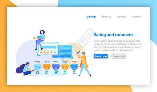 用于网络 横幅 登陆页面 移动设备的矢量平面插图 人们留下反馈和评论 爱表情符号评级 给 5 星和爱最好的产品 良好的体验和满意图片