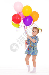有气球的迷人女孩微笑金发女郎金发蓝色女性孩子幼儿园乐趣珊瑚童年图片