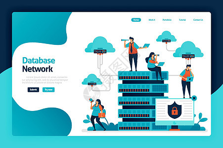 数据库网络登陆页面设计 从云 服务器和托管到数据中心的数据网络 数据保护和安全技术 海报 网站 传单 移动应用程序的矢量插图图片
