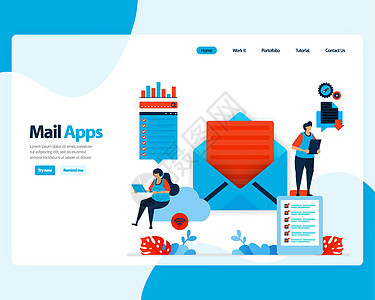 发送 接收 管理电子邮件的矢量登陆页面 使用数字业务电子邮件服务安排工作 着陆页 模板 ui ux web 移动应用程序 海报 背景图片