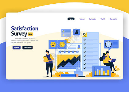 通过分析用户习惯 着陆页矢量平面设计通过表情符号说明满意度调查 以改善业务服务 适用于网站 移动应用程序 横幅 传单 小册子图片