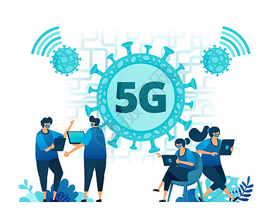 在 covid-19 病毒大流行期间支持活动的 5g 互联网连接的矢量插图 病毒 网络 wifi 连接的符号和图标 着陆页 网页图片