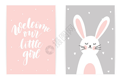 欢迎我们的小女孩 孩子的粉红灰色海报 上面有兔子和字母拼写图片