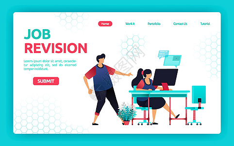 客户寻找和请求自由职业者修改工作的矢量插图 沟通以完成工作 横幅 传单 小册子 封面 杂志 印刷品的图形设计模板图片