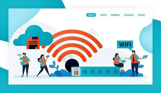 用于 wifi 连接和保护 wifi 互联网访问 带密码的 wifi 防火墙安全 安全访问和连接的登陆页面和网站 矢量设计传单海图片