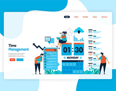 时间管理和调度工作项目的登陆页面向量 按时计划和管理工作 业务缺乏时间 按时间工作 网站 移动应用程序 主页 传单 卡片的插图警图片