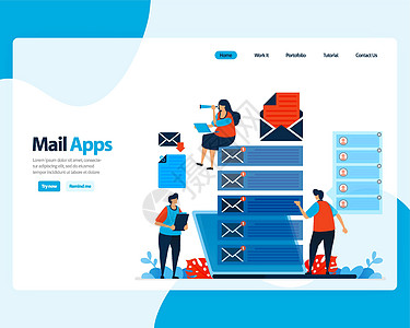 发送 接收 管理电子邮件的矢量登陆页面 使用数字业务电子邮件服务安排工作 着陆页 模板 ui ux web 移动应用程序 海报 图片